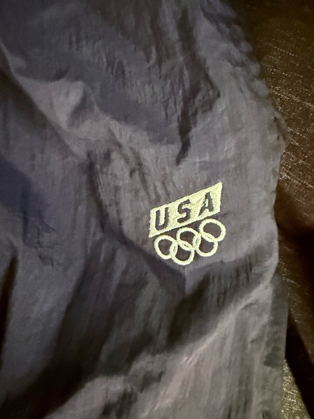USA Olympic Embroidered Logo Pants Detail - Navy with Light Green Logo